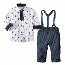 Комплекты одежды из 2 предметов для маленьких мальчиков, хлопковая белая рубашка с длинными рукавами и принтом + штаны для маленьких