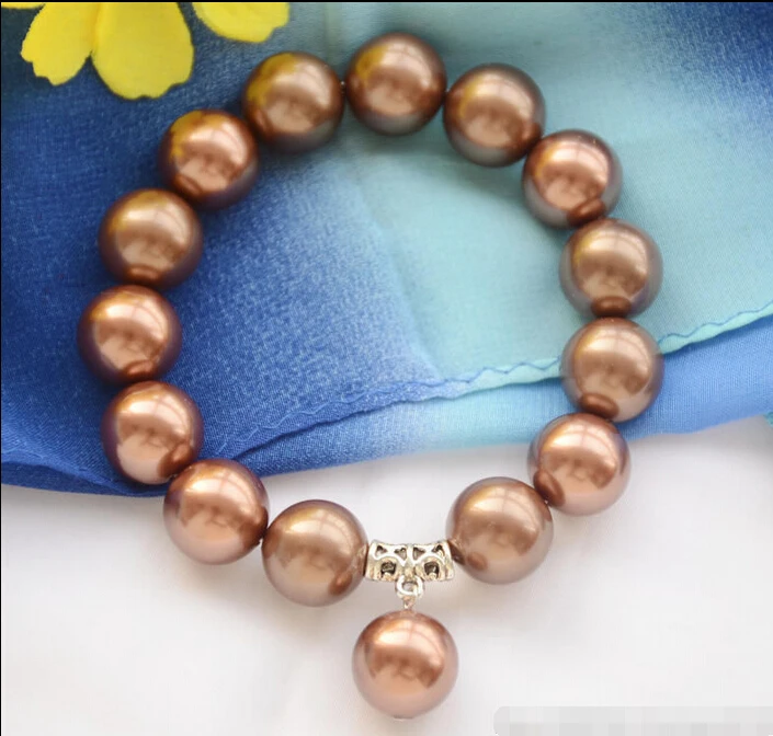 

shippingz6285 14mm coffee SOUTH SEA SHELL PEARL Stretch BRACELET PENDANT 8inch