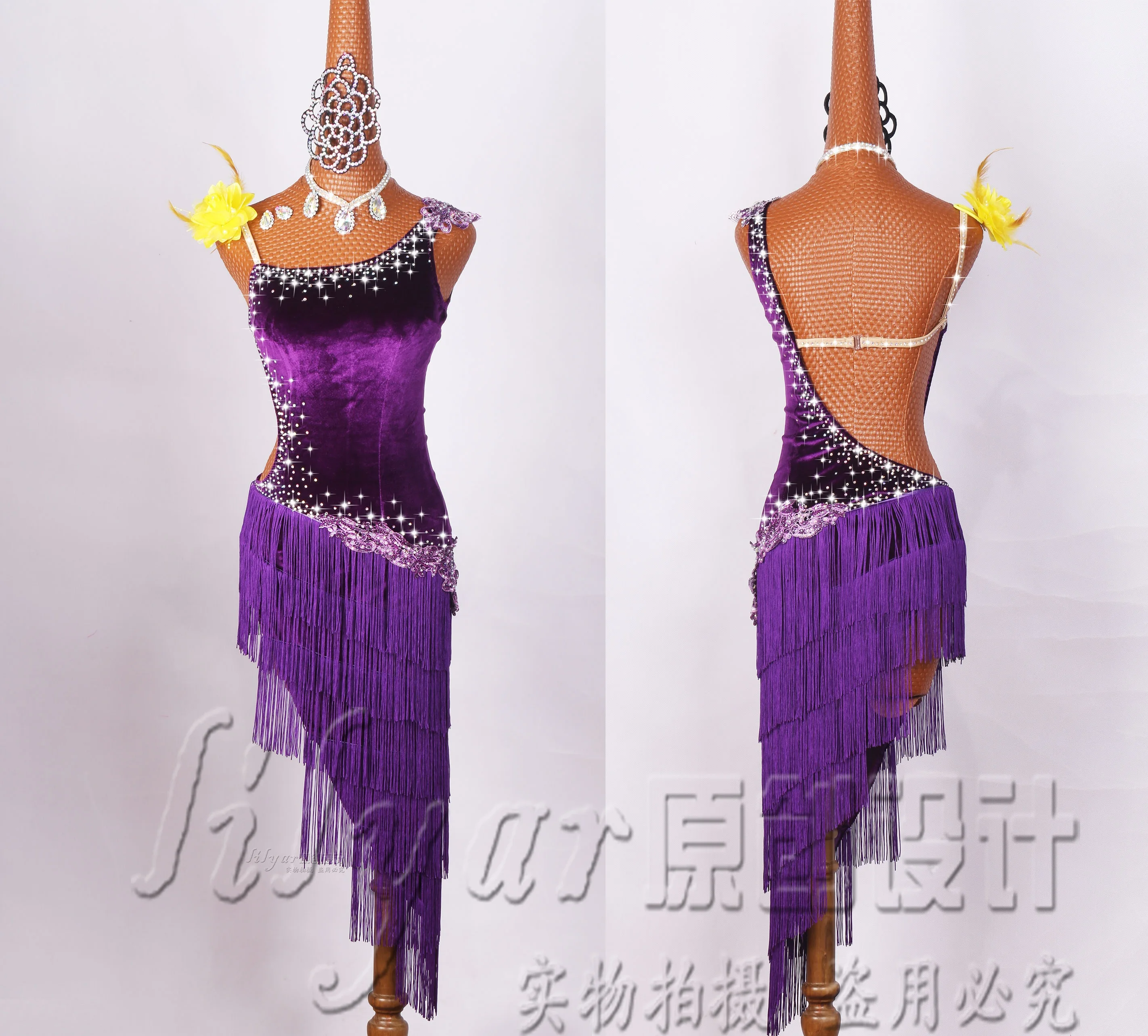 

Latin Dance Competition Dresses Performing Dresses Liuzhou Skirt Purple Velvet Embroidered Water Diamond High-end Style