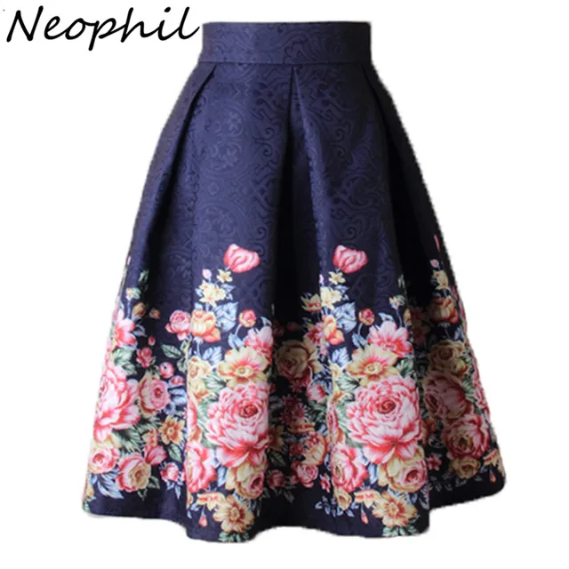 US $14.48 Neophil 2020 Ladies Jacquard Flower Print Pleated Ball Gown Skater Midi Skirts Womens Vintage Flora
