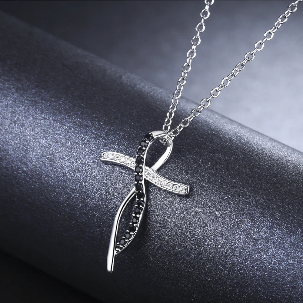 [BLACK AWN] Fashion Silver Color Necklace Women Jewelry Black&White Stone Cross Necklaces Pendants P114