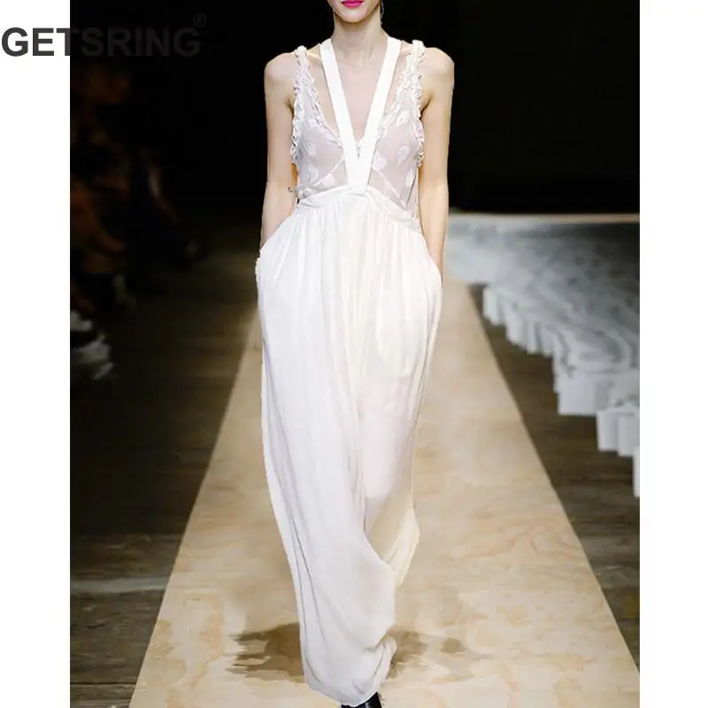 

GETSRING Women Jumpsuit Loose White Long Jumpsuit Chiffon Wide Leg Rompers Womens Jumpsuit Deep V Pleated Women Overalls Summer
