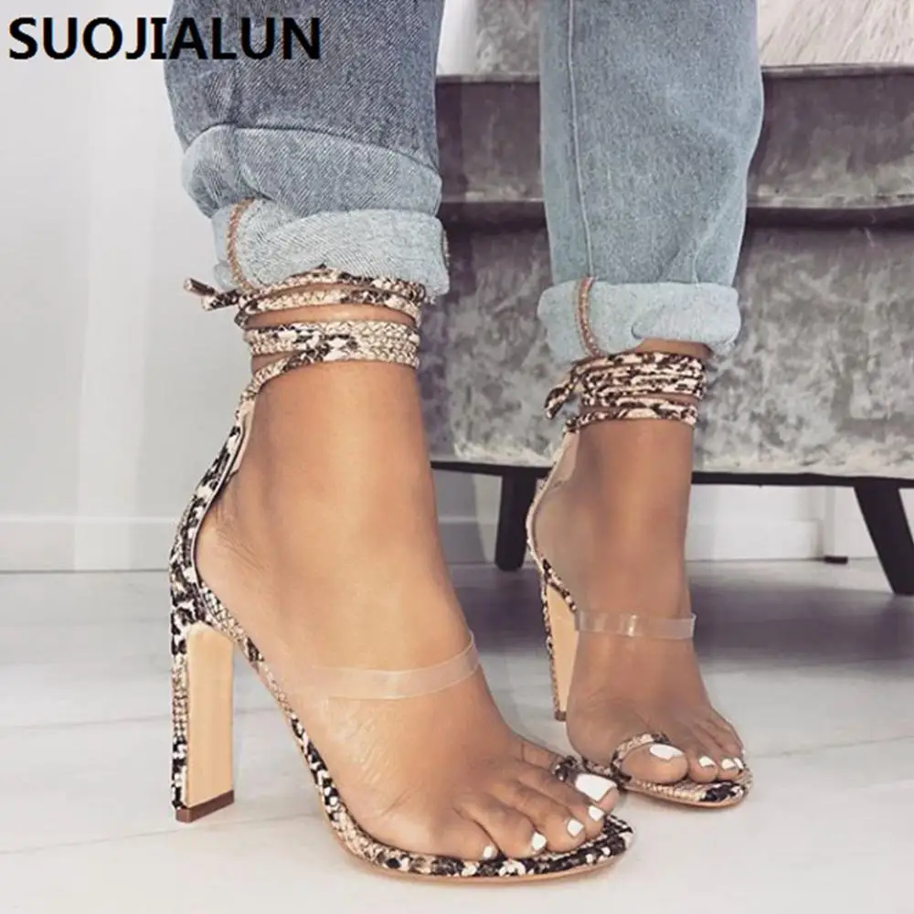 

SUOJIALUN 2019 New Design Women Heel Height Sandals Snakeskin pattern Lace-Up Ankle Strap Summer Party heel Height Slippers