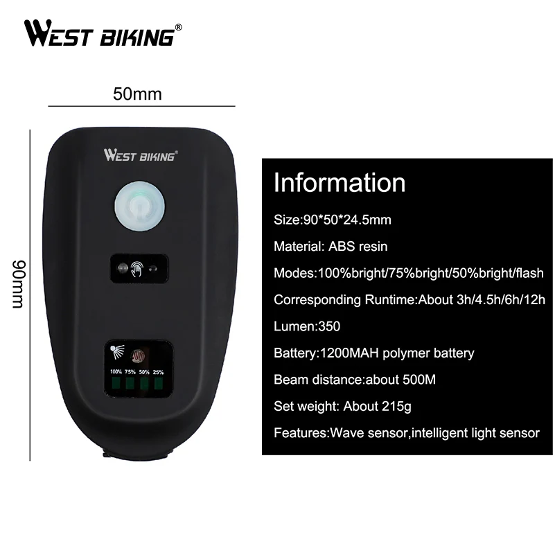 Best WEST BIKING 350lm Bike Front Light 1200mAh Induction Bicycle Flashlight USB Rechargeable Bicycle Waterproof Torch Headlight 5