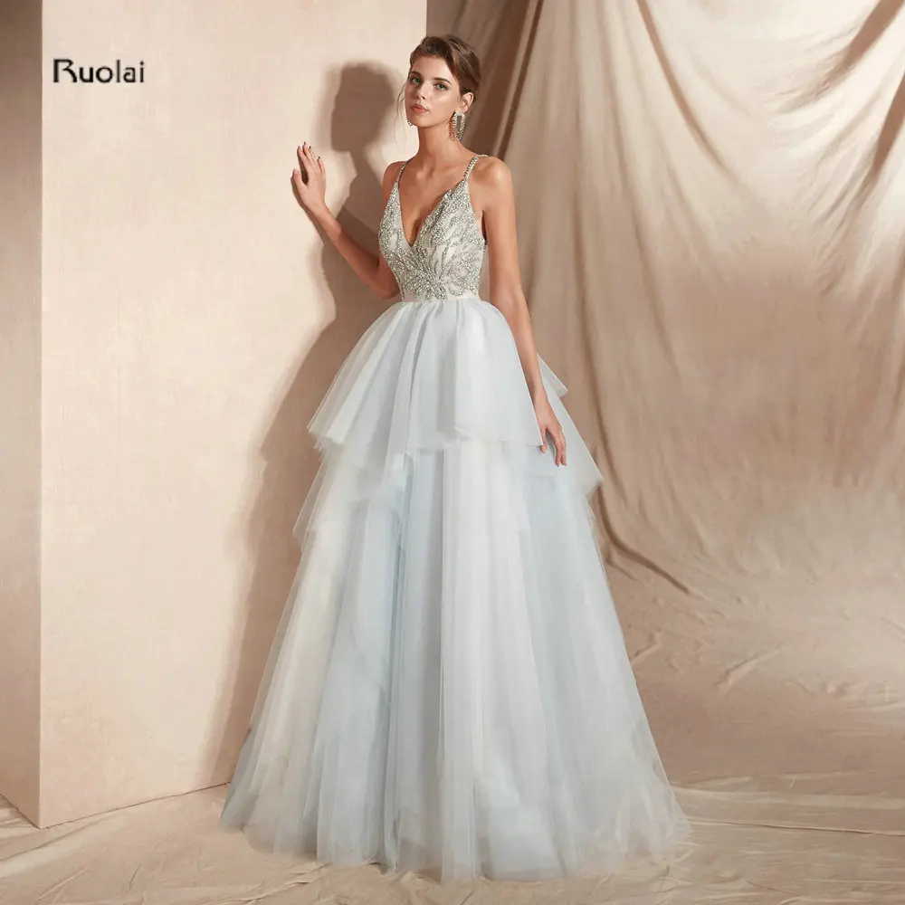 Luxury Evening Dresses Long 2018 V Neck Heavy Beaded Crystal Formal Dresses Evening Gowns for Women Party Dresses Cross Back