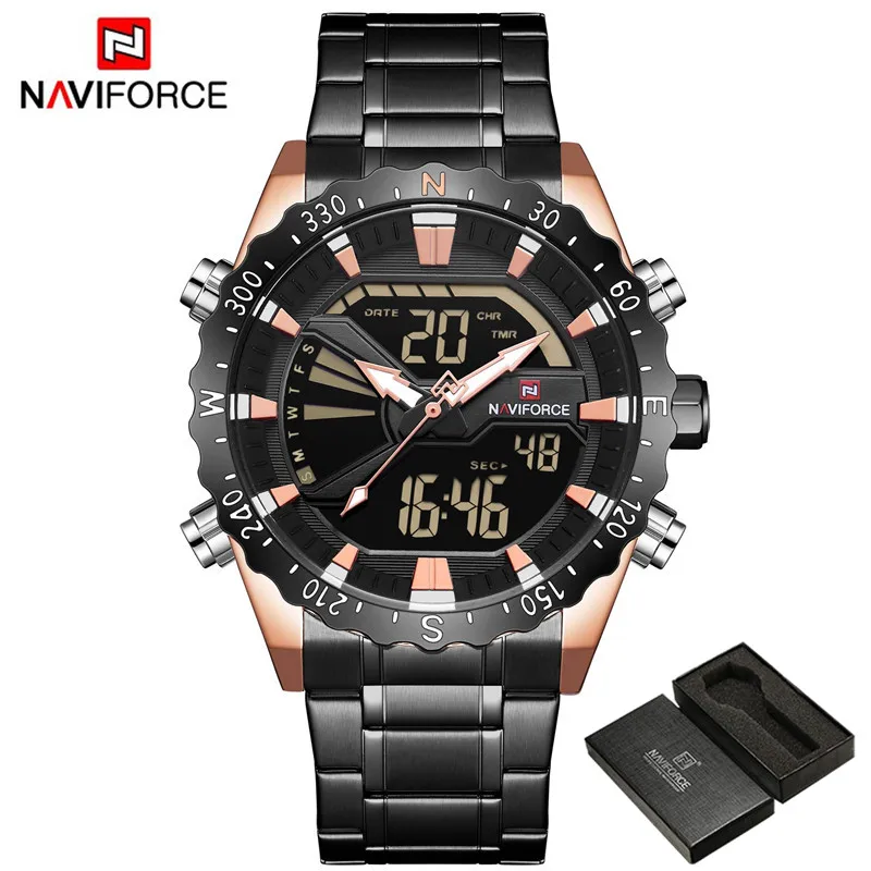 Мужские часы NAVIFORCE, мужские военные спортивные часы, светодиодный Аналоговый Цифровой наручные часы, модные мужские кварцевые часы из нержавеющей стали 9136 - Цвет: NA913601 with box