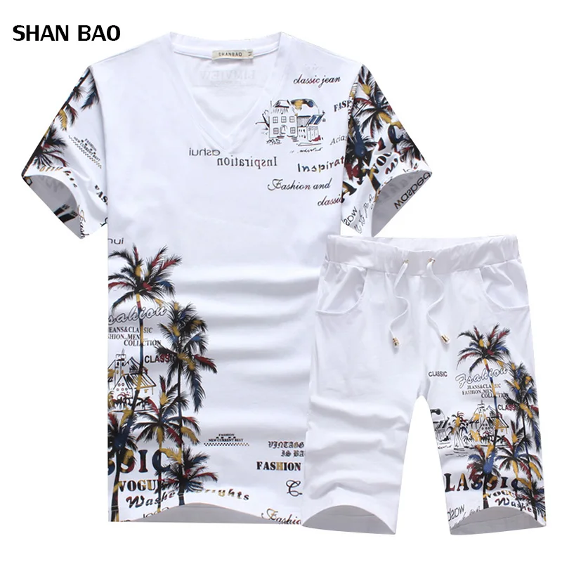 

2017 New Fashion Summer Short Sets Men Casual Coconut Island Printing Suits For Men Chinese Style Suit Sets T Shirt +Pants 5XL