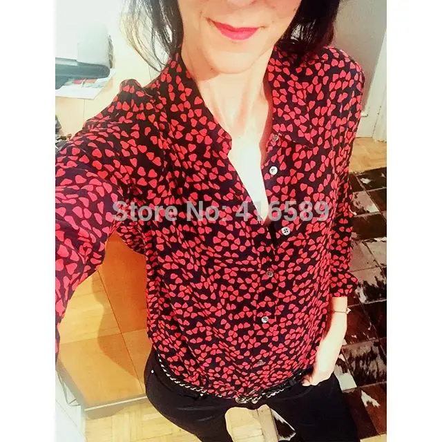

EQ 100% real silk ladies red love heart print shirts women long sleeve blouses autumn equipment