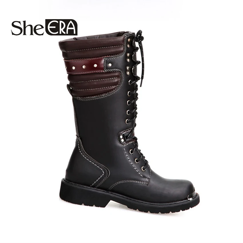  She ERA Mid-Calf High Boots Mens Military Boots PU Leather Men Motocycle Boots Cowboy Riding Boots 