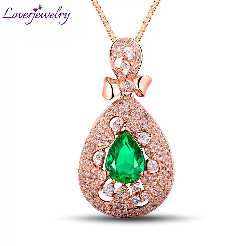 

1.68Ct Pear Shaped Gemstone Real Diamond Emerald Pendant Solid 18K/750 Rose Gold Fine Jewelry For Sale WU267