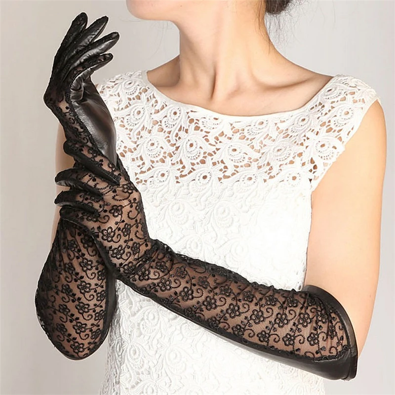 L112N long style lace sheepskin gloves women opera black Genuine leather gloves fashion wedding dress gloves