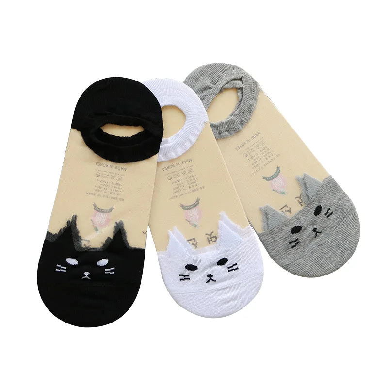

3 Pairs Women's Socks Cute Print Cartoon Cat Transparent Solid Color Socks Summer Funny Animal Individual Female Boat Sock Meias
