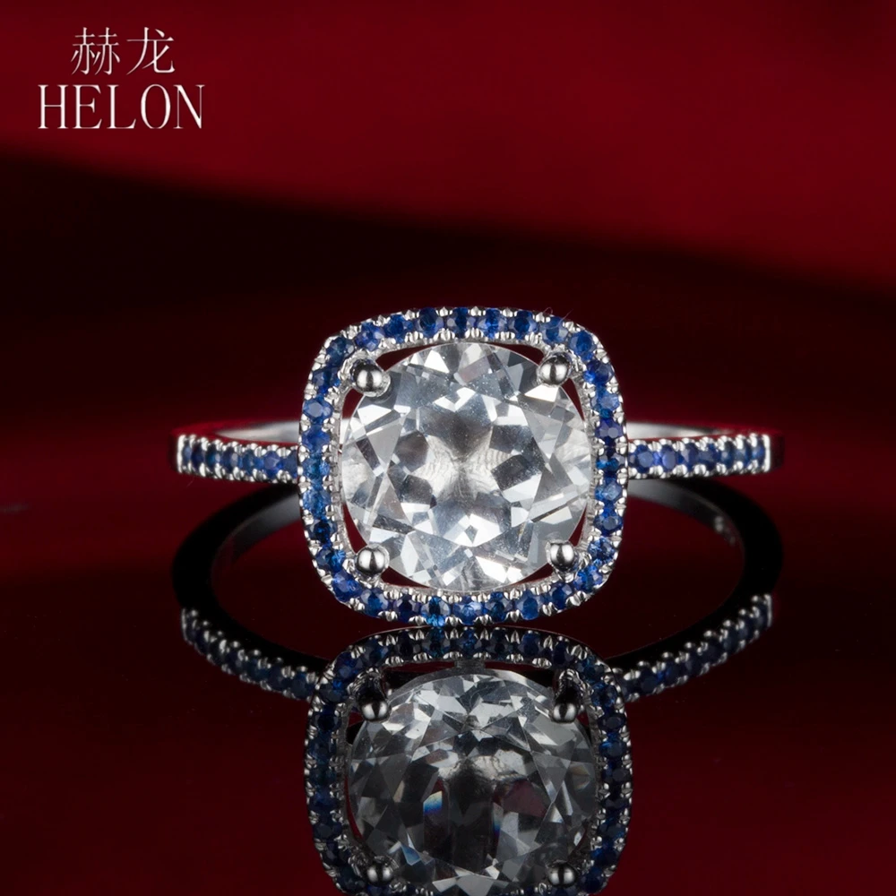 

HELON Solid 10K White Gold White Engagement Wedding Fine Jewelry Ring 8mm Round 2.52ct White Topaz Pave 0.3ct Sapphires Setting