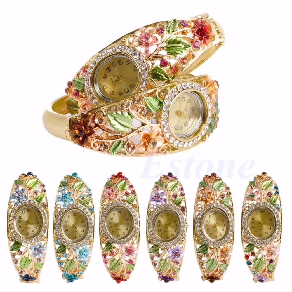 

Fashion Women Bangle Crystal Flower Bracelet Analog Quartz Wrist Watch gai