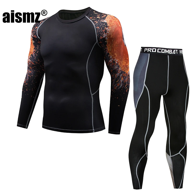 Aismz Men Thermal Underwear Sets Fashion Printing Compression Fleece Sweat Quick Drying Thermo Underwear Men Clothing Long Johns men's thermal underwear sets Long Johns