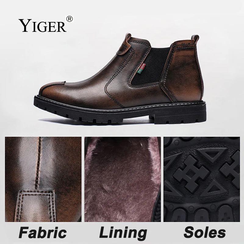 YIGER New Men Chelsea boots Genuine leather men Basic boots man ankle winter warm with fur male slip-on Brush shoes