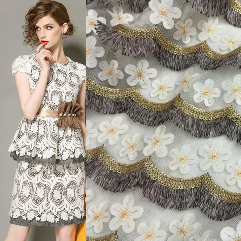 Tassel decals mesh embroidered lace fabric for stylish women's dress