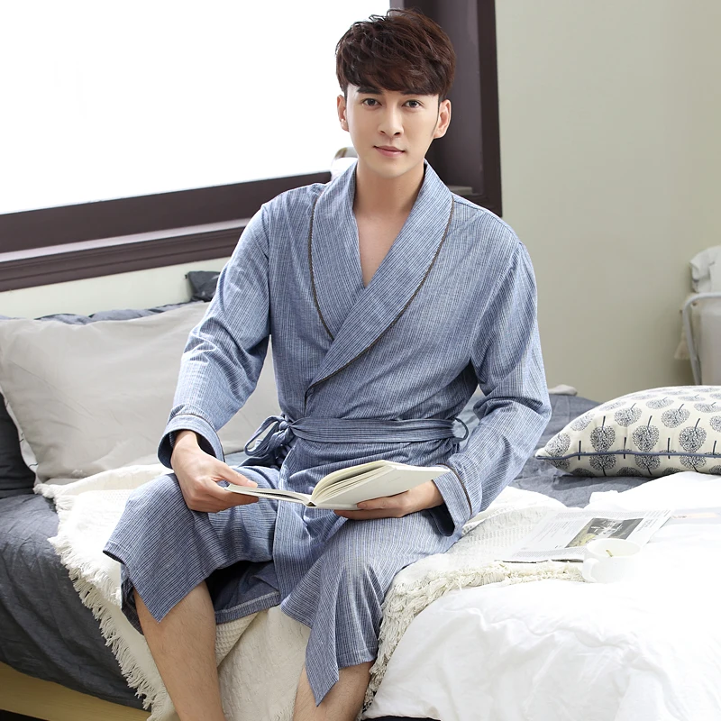 Spring bathrobe men cotton sleepwear nightgown mens knitting long sleeve soft autumn blue home