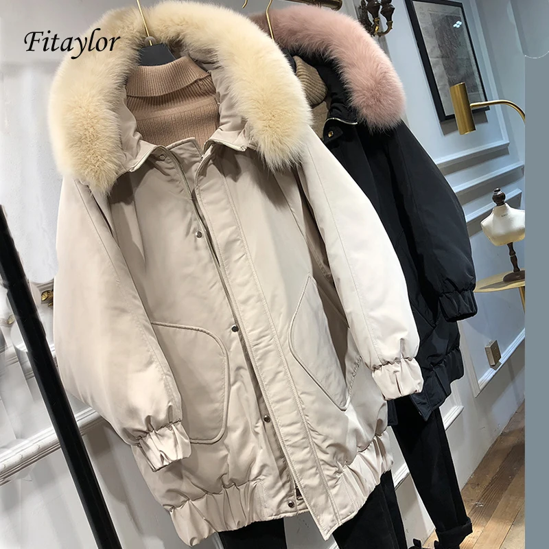 

Fitaylor Winter Women White Duck Down Parkas Real Fox Fur Collar Hooded Loose Fit Warm Coat Medium Long Jackets