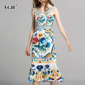 

VGH Summer Print Dresses Women Square Collar Off Shoulder Sleeveless High Waist Mermaid Dress Vestido Fashion Vintage Clothing