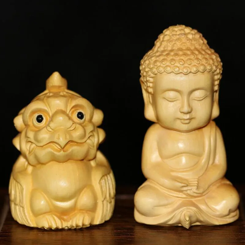 Goedkoop Groothandel Buxus Hand Stuk Exquisite Carving Mythische Wezens Maitreya Thee Huisdier Boeddhistische Huis Decoraties