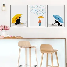 צבעי מים Kawaii מטרייה שחור חתולי גשם כרזות נורדי סלון קיר אמנות הדפסת תמונה בית תפאורה בד ציור(China)