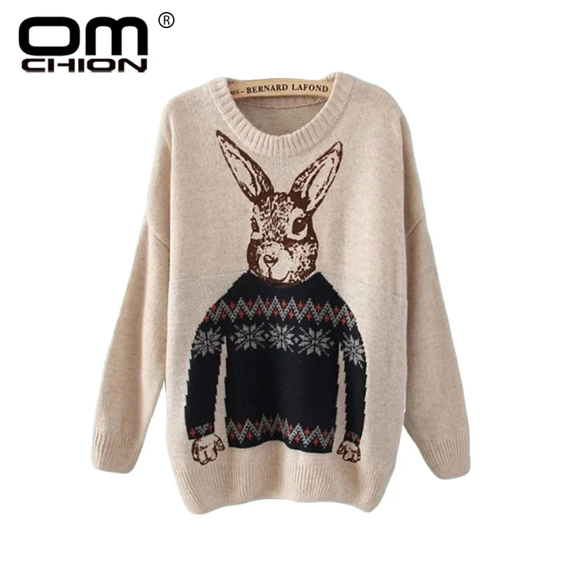 

OMCHION O Neck Long Sleeve Women Sweaters And Pullovers 2018 Autumn Rabbit Patchwork Knitwear Korean Fashion Warm Sweater LMM95