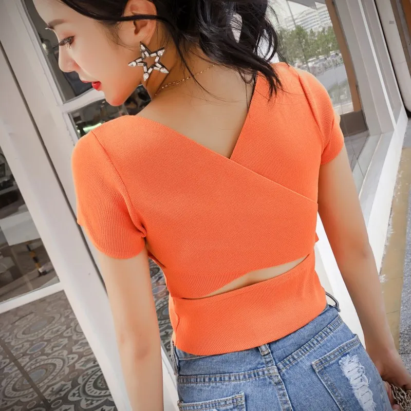 

Summer Girls V-neck Solid Cropped Short Sleeve T-shirts Sweaters Pullovers Ladies Hollow-out Thin Crop Tops Tees