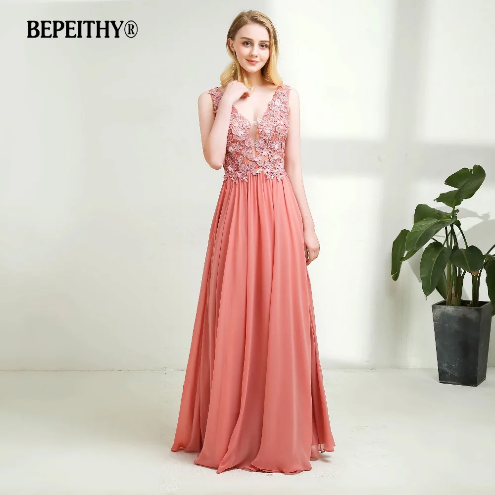 Vestido de festa, длинное вечернее платье с v-образным вырезом, розовые вечерние платья с кружевными цветами, элегантные вечерние платья, горячая Распродажа, длина до пола, платья для выпускного вечера