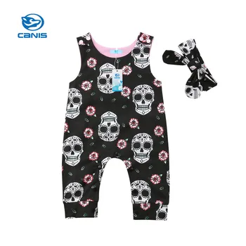 

CANIS Newborn Baby Rompers Kids Boy Skull Romper Sleeveless Bebe Boys Romper Clothes Jumpsuit Headband Outfit Baby Clothes Set