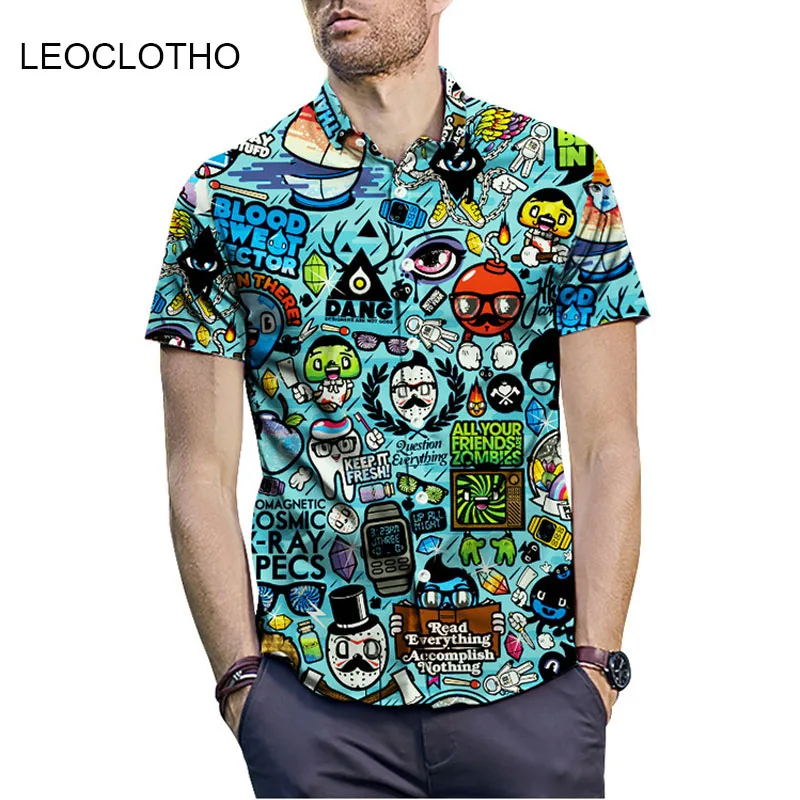 LEOCLOTHO 2019 Лето аниме мультфильм рубашка для мужчин короткий рукав 3D принт свободная Мужская Уличная мода брендовая рубашка M-2XL