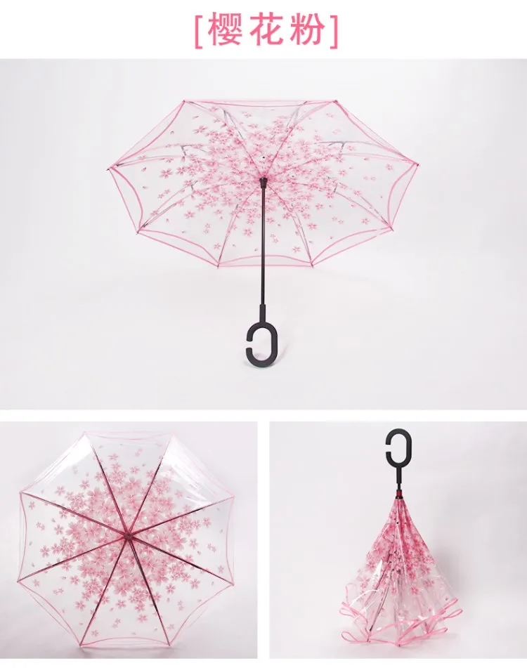 Обратный Зонты Прозрачные Зонтики двухслойные не удерживающие Длинные ручки зонты для мужчин и негабаритных ветронепроницаемых