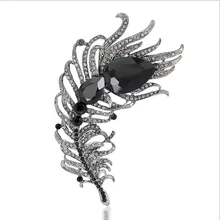 Fashion Feather Zircon Brooch Pins Female Jewelry Cameo Silver Plated Large Rhinestones Crystal Brooches For Women Bijouterie