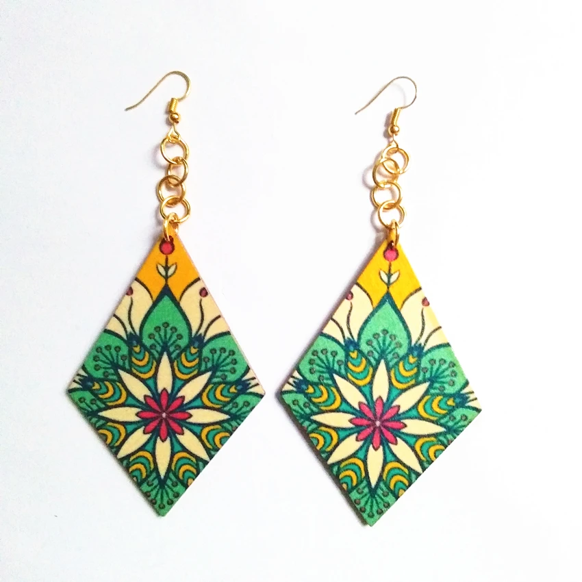 

17 Colors Fashion Cube Shaped Flower Wood Drop Earrings Both Sides Same Printing Earrings Personality Friendly Wooden Jewelry