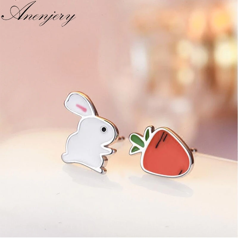 

Anenjery 925 Sterling Silver Tiny Rabbit Radish Cartoon Animal Earrings For Women School Girl Birthday Gifts Party S-E560