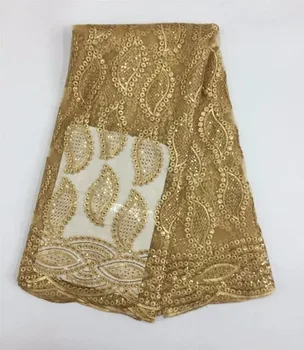 

Upscale French Net Champagne/Gold Sequins Lace Fabrics,High Quality African Tulle Lace Fabrics Sequins Wedding Nigeria lace 010