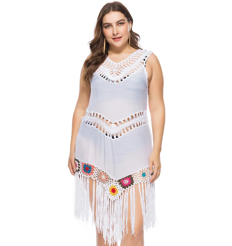 

Plus Size Summer Womens Tunic Tassel Crochet Bathing Suit Bikini Swimwear Cover Up Fringe Knitted Beach Dresses Tankini