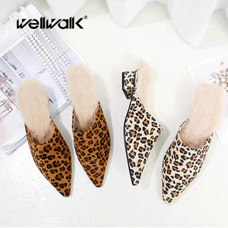 

Pointed Toe Shoes Women Fluffy Slippers Heels Real Fur Mules Leopard Shoes Female Winter Shoes Ladies Furry Slides House Shoes