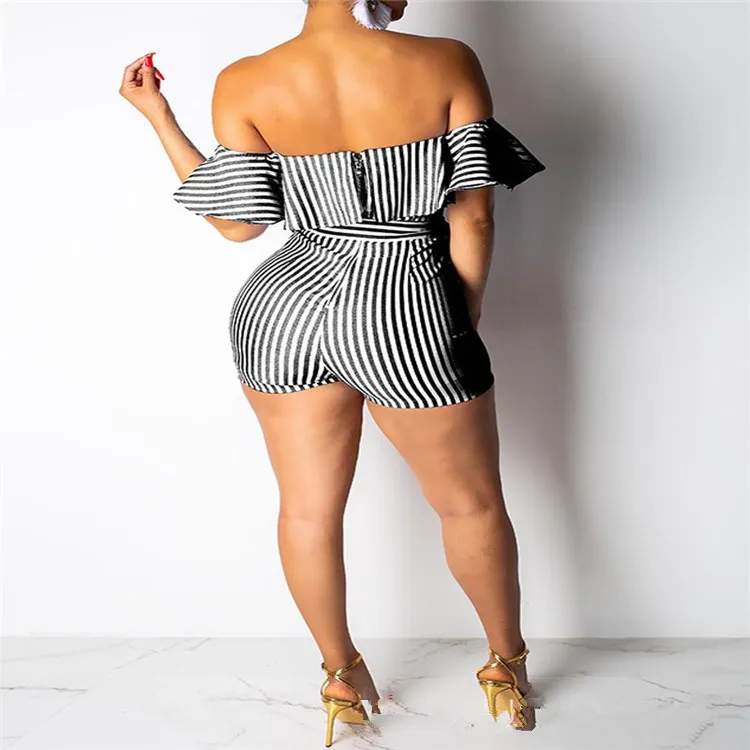 2019 New Off Shoulder Ruffles Striped Rompers Women Slash Neck Bow Sexy Jumpsuits Playsuit Casual Overalls 2019 New Off Shoulder Ruffles Striped Rompers Women Slash Neck Bow Sexy Jumpsuits Playsuit Casual Overalls