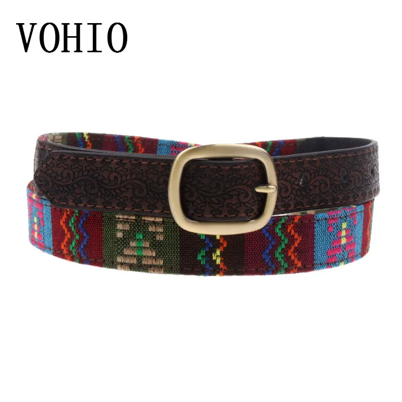 VOHIO Fashion Folk Style Embroidery Women Belt Genuine Leather Belts for Women Pressed Flower