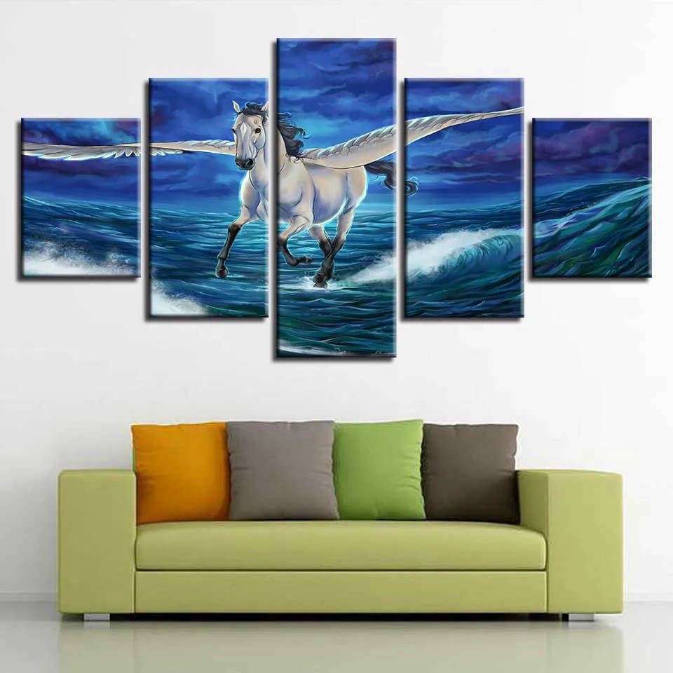 

HD Printing Animal Pictures 5 Pieces White Horse Wings Running Landscape Modular Canvas Painting Decoration Living Room Wall Art