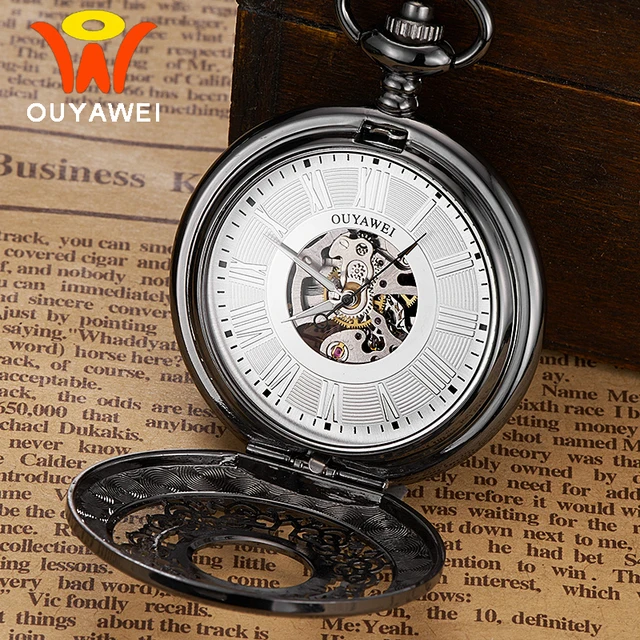 Ouyawei Mechanical Pocket Watch Men Vintage Black Hollow Case Hand Wind Clock Ne Ouyawei Mechanical Pocket Watch Men Vintage Black Hollow Case Hand Wind Clock Ne