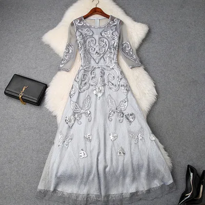 Высокое качество, новинка, весеннее Модное Длинное Платье для свадебной вечеринки, женское платье с вышивкой в виде бабочки, расшитое блестками, с рукавом 3/4, серое, розовое платье Макси - Цвет: gray