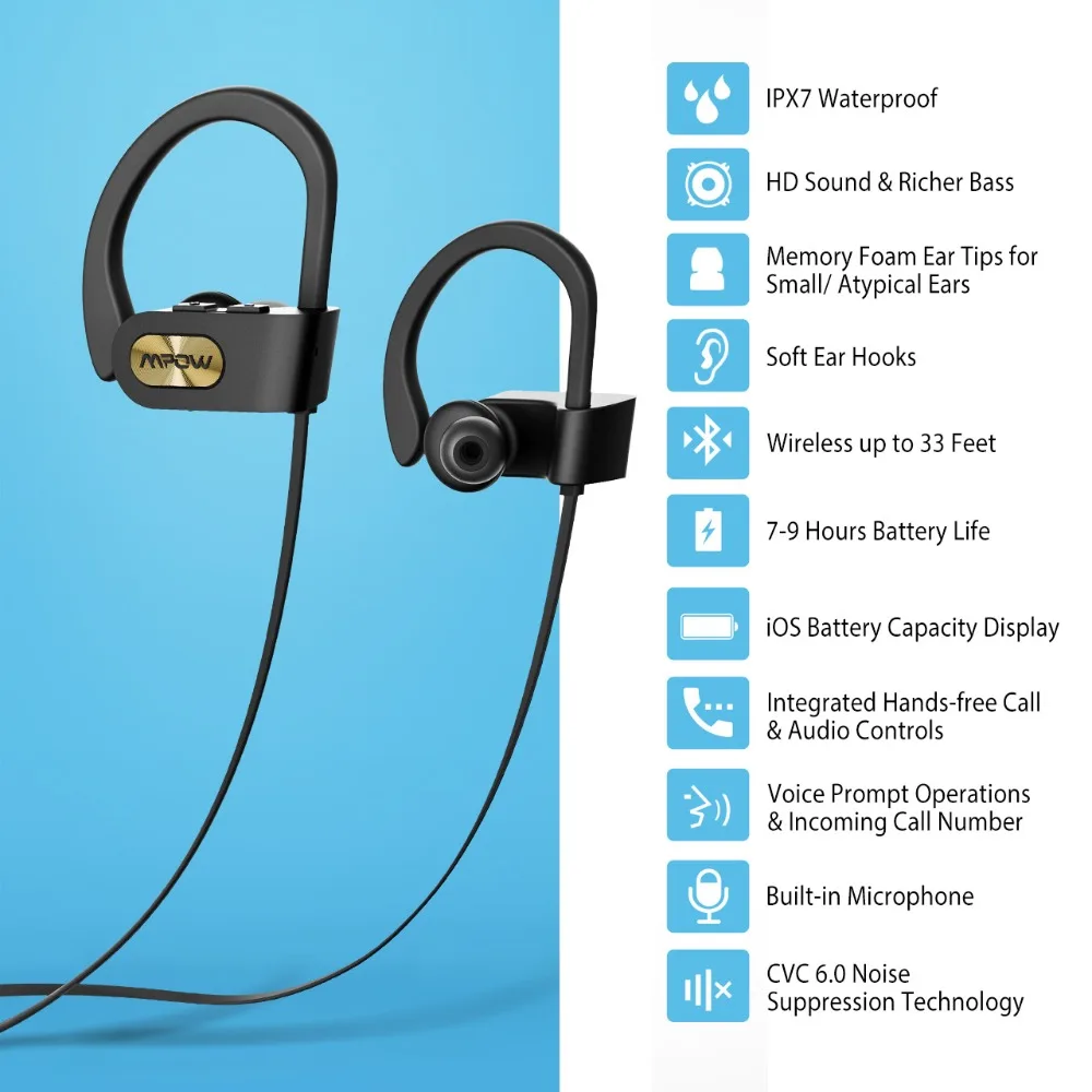 Mpow Flame Bluetooth 5,0 наушники спортивные Гарнитуры Hi-Fi стерео наушники IPX7 водонепроницаемые наушники с шумоподавлением с микрофоном чехол