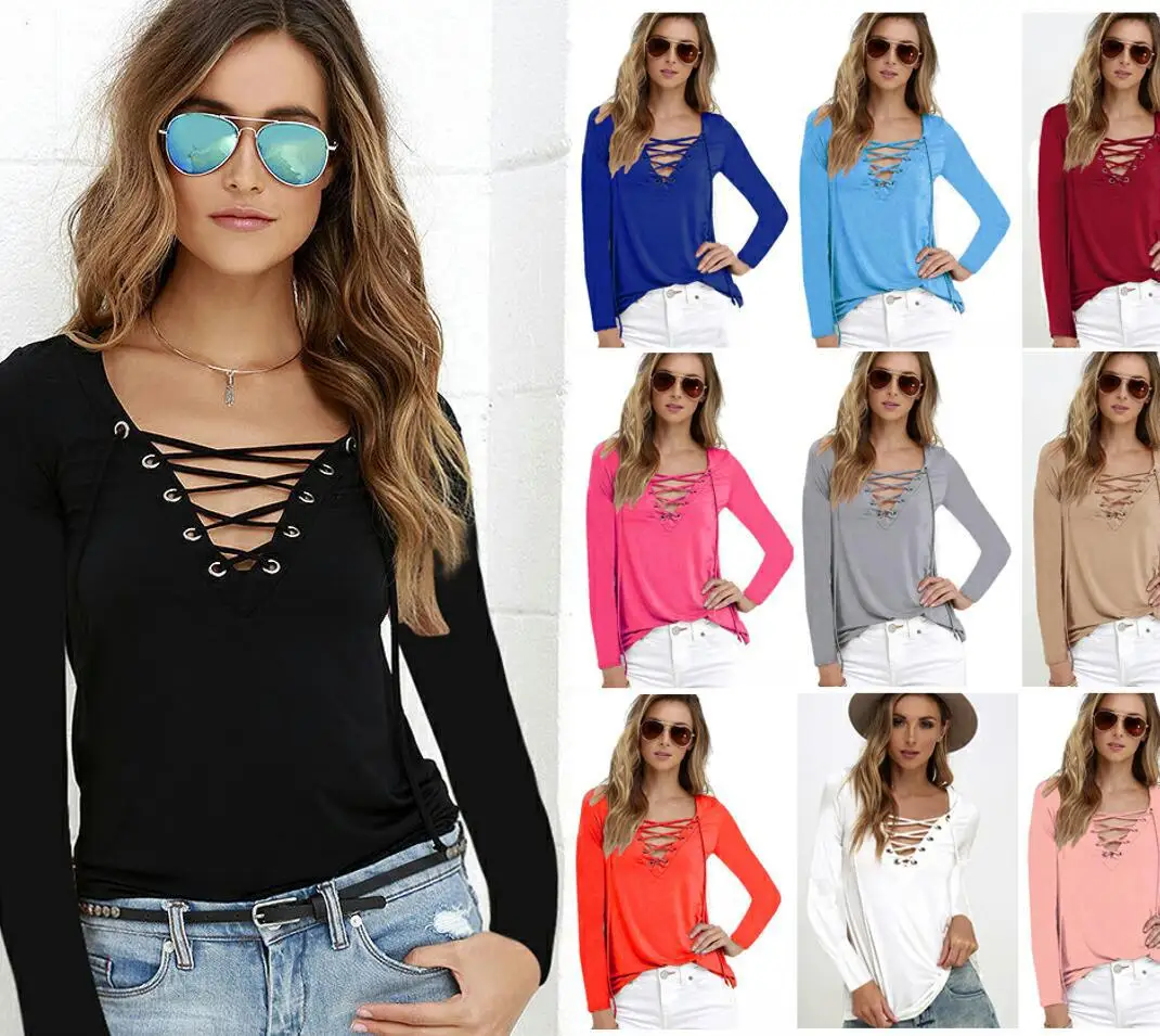 Plus Size Women Clothing Tie Knot Sexy Low cut Long Sleeve T shirts