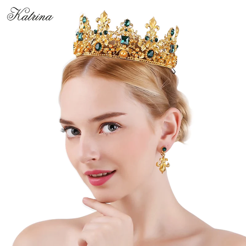 King Queen Baroque Crown And Earrings Red Rhinestone Bride Tiaras Women Wedding Gold Crowns