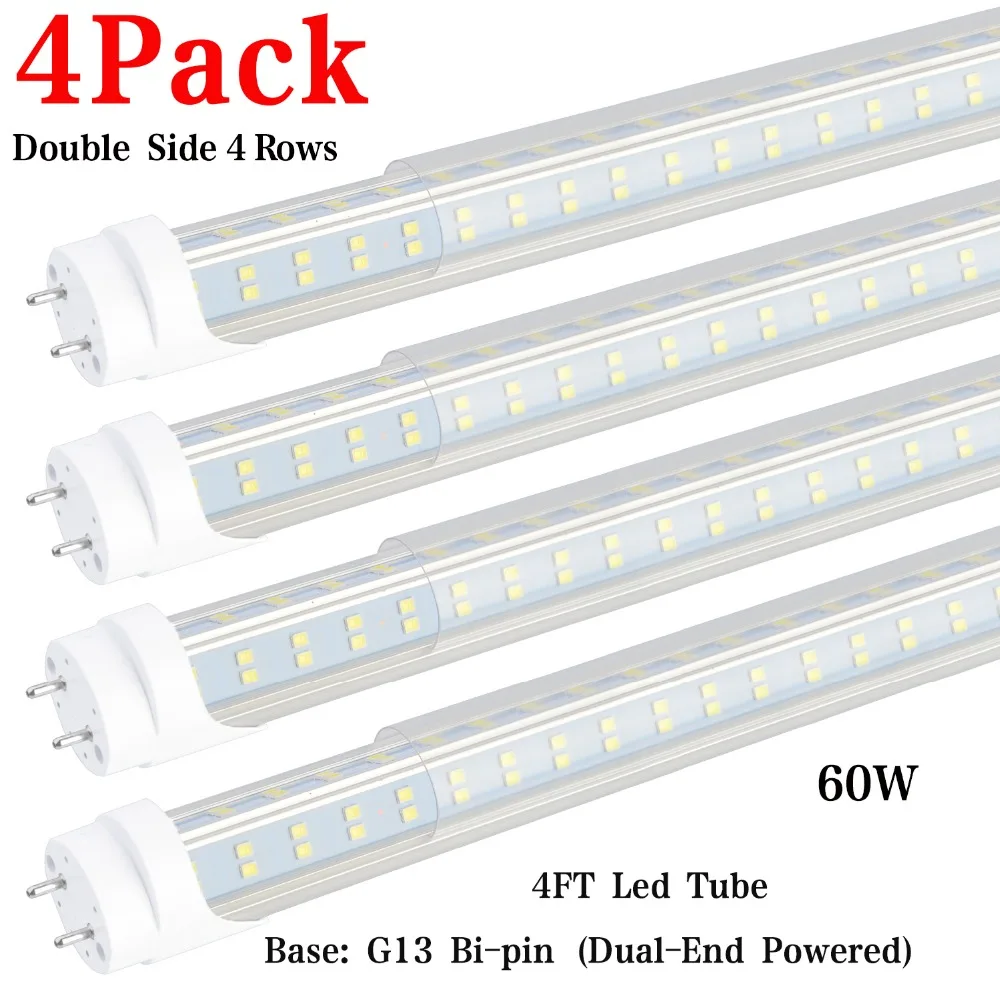 

4pcs -LED Light Tubes 4FT 60W LED Bulbs Light,288pcs LED Chips, Clear Cover,Flat Triple Row 4 Foot Fluorescent Fixture 6500lm