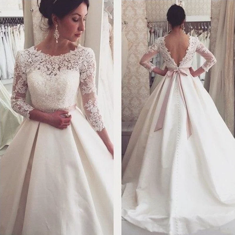 Us 16065 15 Offplus Size Wedding Dresses Robe De Mariage 2019 Vintage Lace 34 Sleeves Satin Wedding Dress With Beaded Belt Vestidos De Novia In