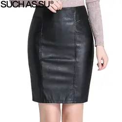 Новая Мода 2017 Высокое качество Черный PU Короткая юбка Женская высокая талия оккупация работа карандаш юбка S-3XL размер женская кожаная юбка