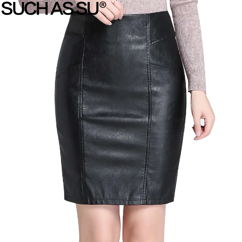 

New Fashion 2017 High Quality Black PU Short Skirt Women High Waist Occupation Work Pencil Skirt S-3XL Size Female Leather Skirt